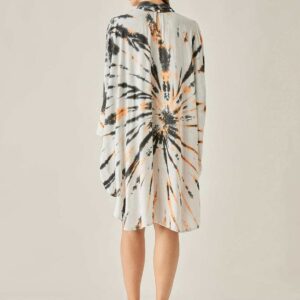 Women's Cotton Tie Dye Print Knee Length Mock Neck, Long Sleeve Kaftan Drees ( Black White )