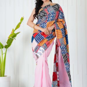 Women's Multicolor Patchwork Printed Saree with Pastel Pink Base Blouse Piece Elegant Ethnic Wear
